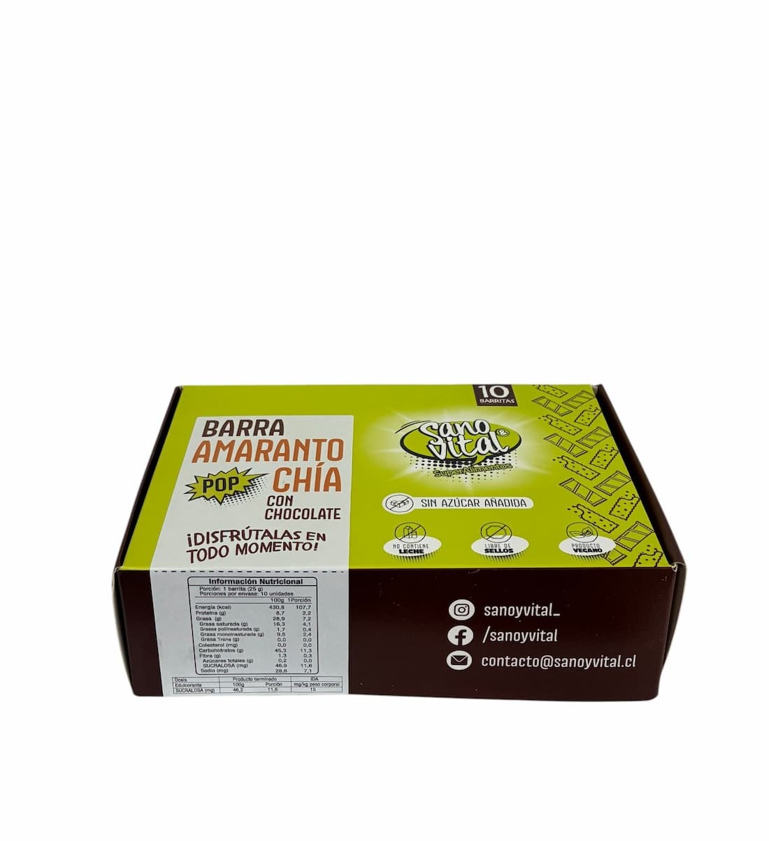 Barra de Cereal Amaranto Pop-Chía sin Azúcar 25 gr. Sano y Vital